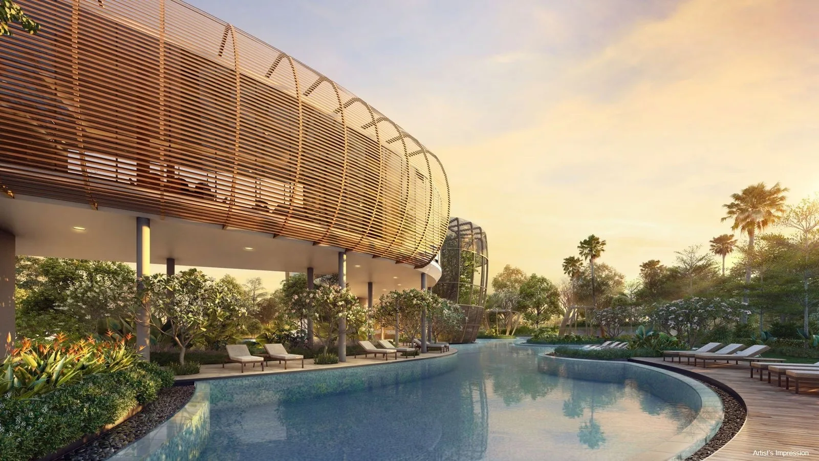 Clovelle of Woodlands EC clubhouse pavilion wrapped in timber slats above the resort pool at sunset