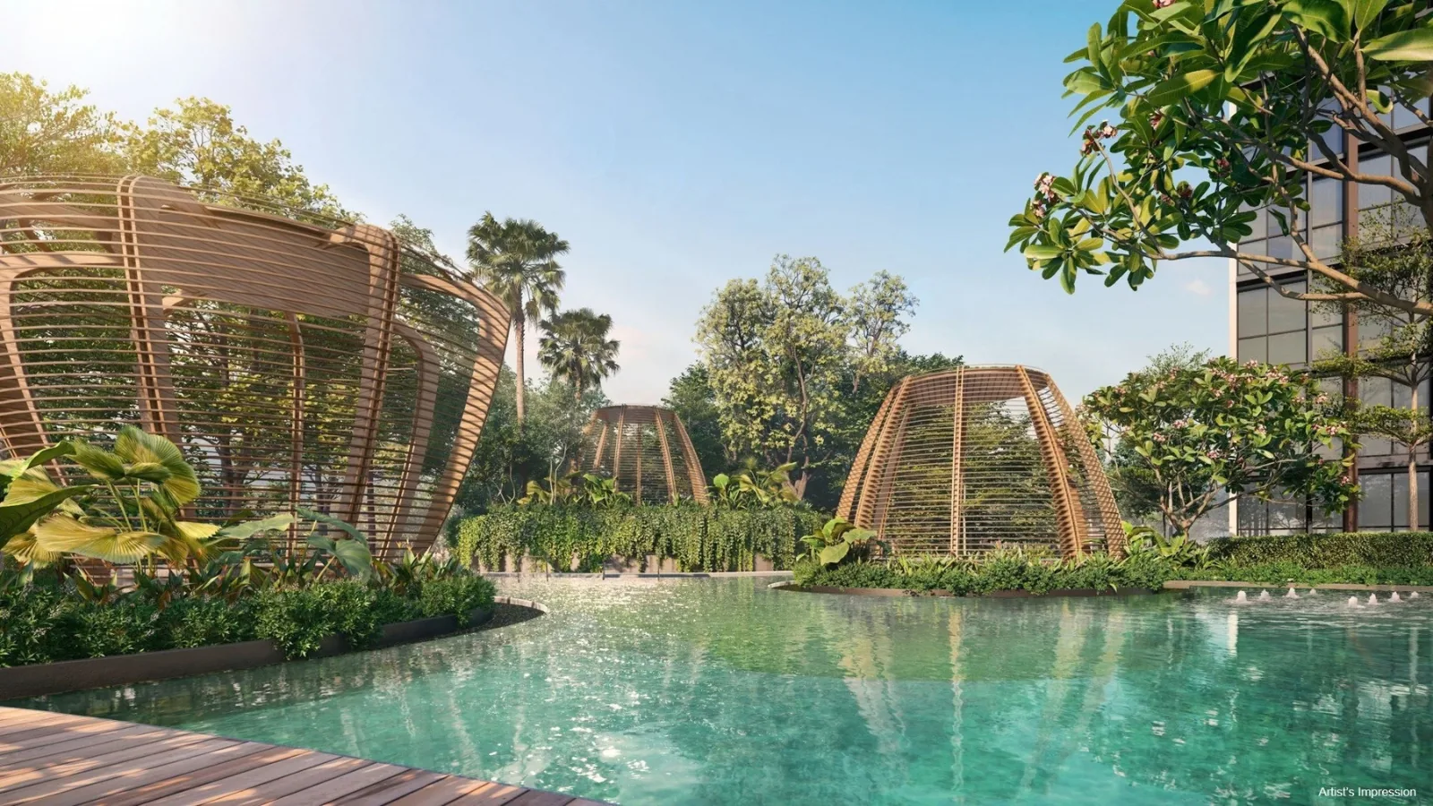 Clovelle of Woodlands EC lagoon pool with sculptural timber cabanas and tropical planting