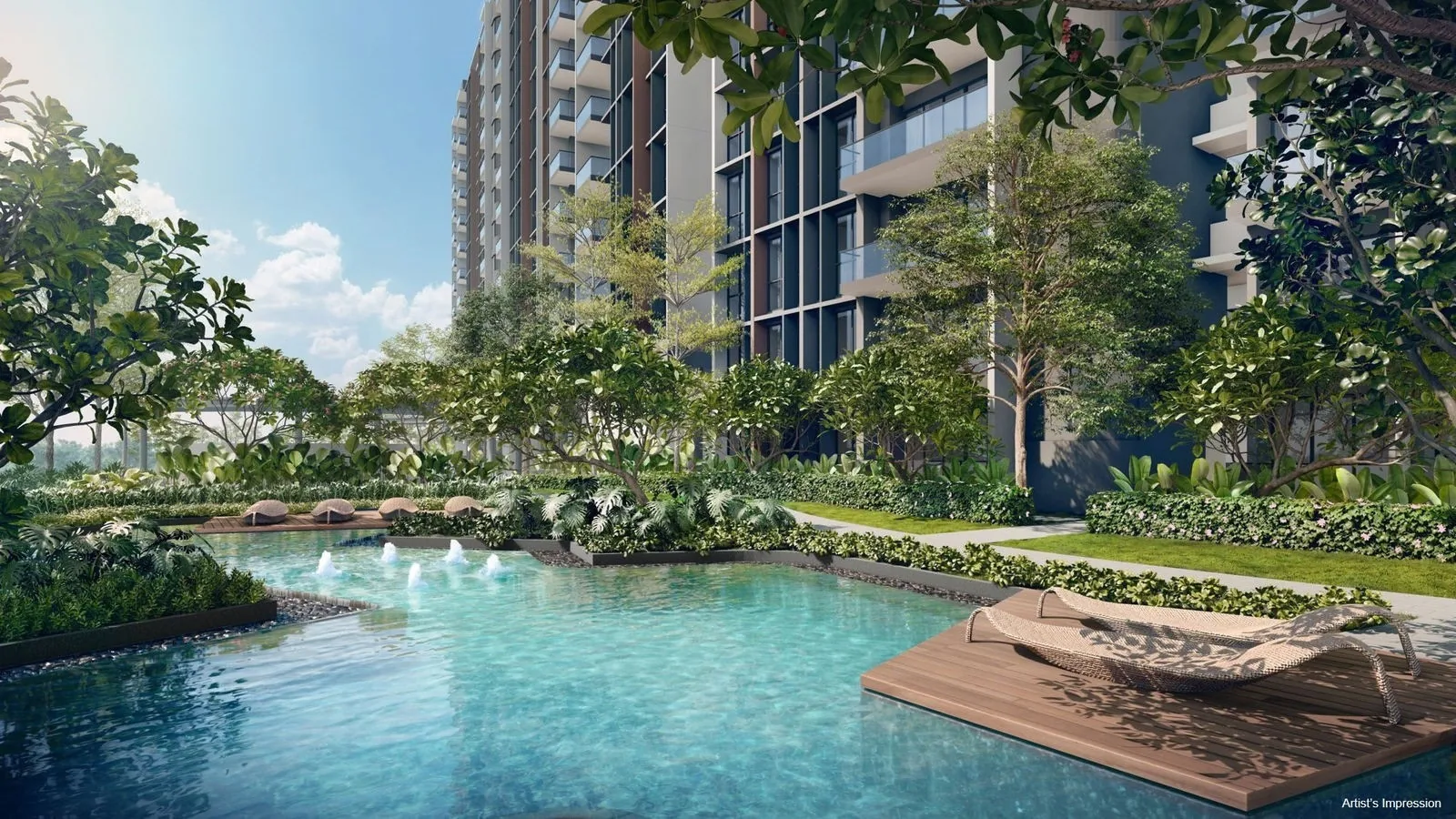 Clovelle of Woodlands EC residential blocks rising behind the landscaped pool deck and sun loungers