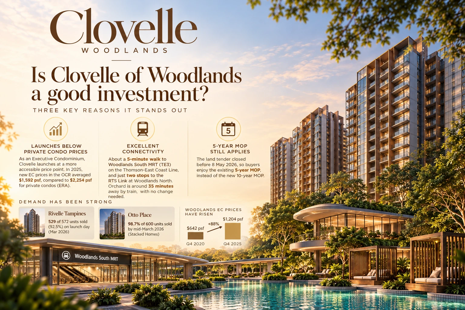Is Clovelle of Woodlands a good investment: EC prices below private condos ($1,592 vs $2,254 psf in 2025), 5-minute walk to Woodlands South MRT, 5-year MOP still applies, Rivelle Tampines 92.5% sold on launch day, Woodlands EC median up 88% from $642 to $1,204 psf
