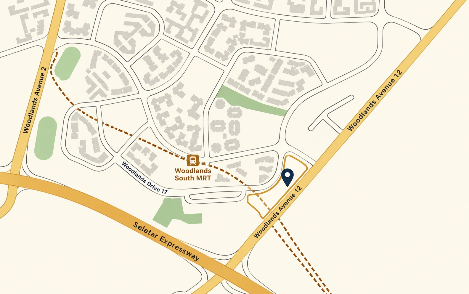 Clovelle of Woodlands location map: the site at Woodlands Drive 17 and Woodlands Avenue 12, east of Woodlands South MRT, with Woodlands Avenue 2 and the Seletar Expressway